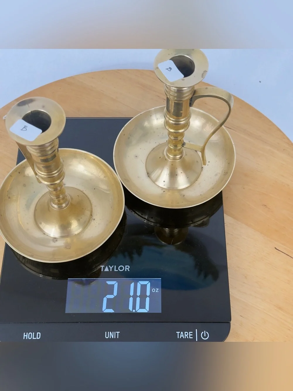 Mid 20th Century Pair of Brass Chamberstick Candle Holders w Handle & Drip Tray